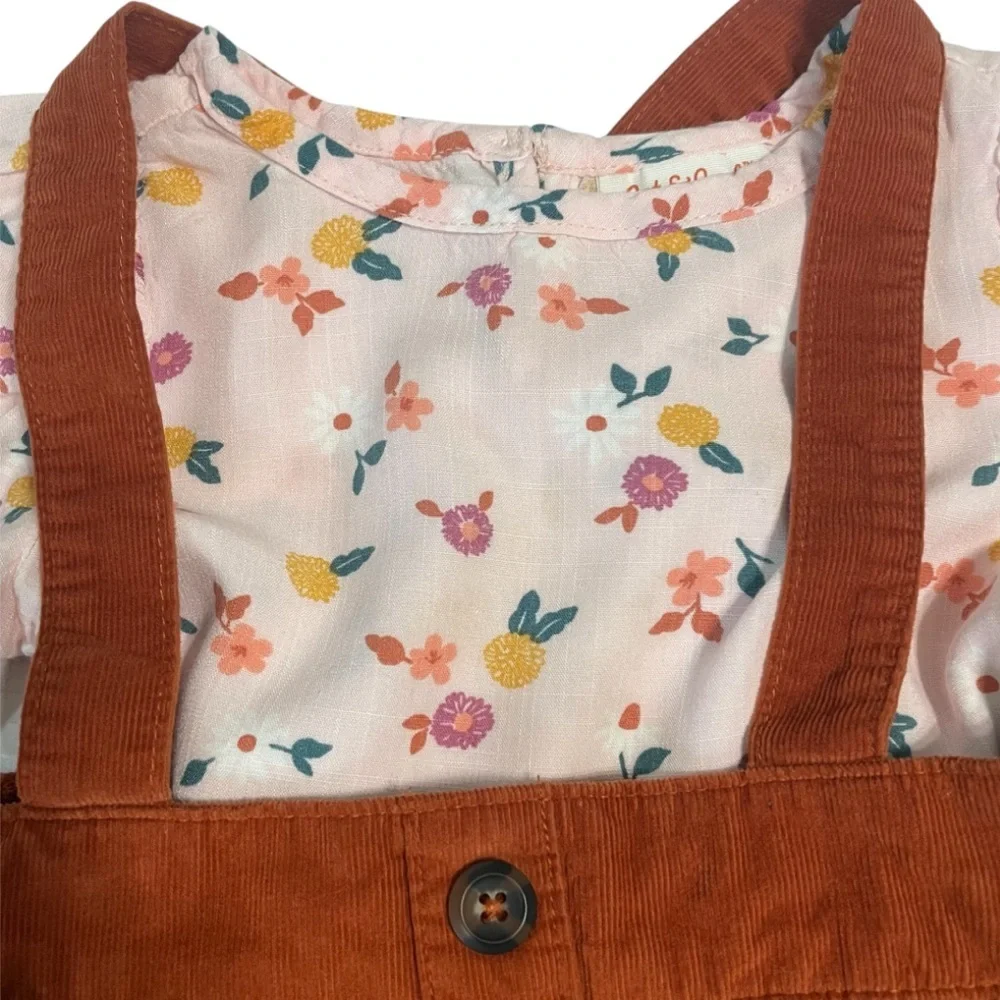 Cat & Jack Floral Top with A Rusty Brown Corduroy Suspender Skirt